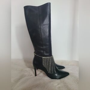Schutz Elegant Black Knee-High Boots with Rhinestone Chain Womens 9B